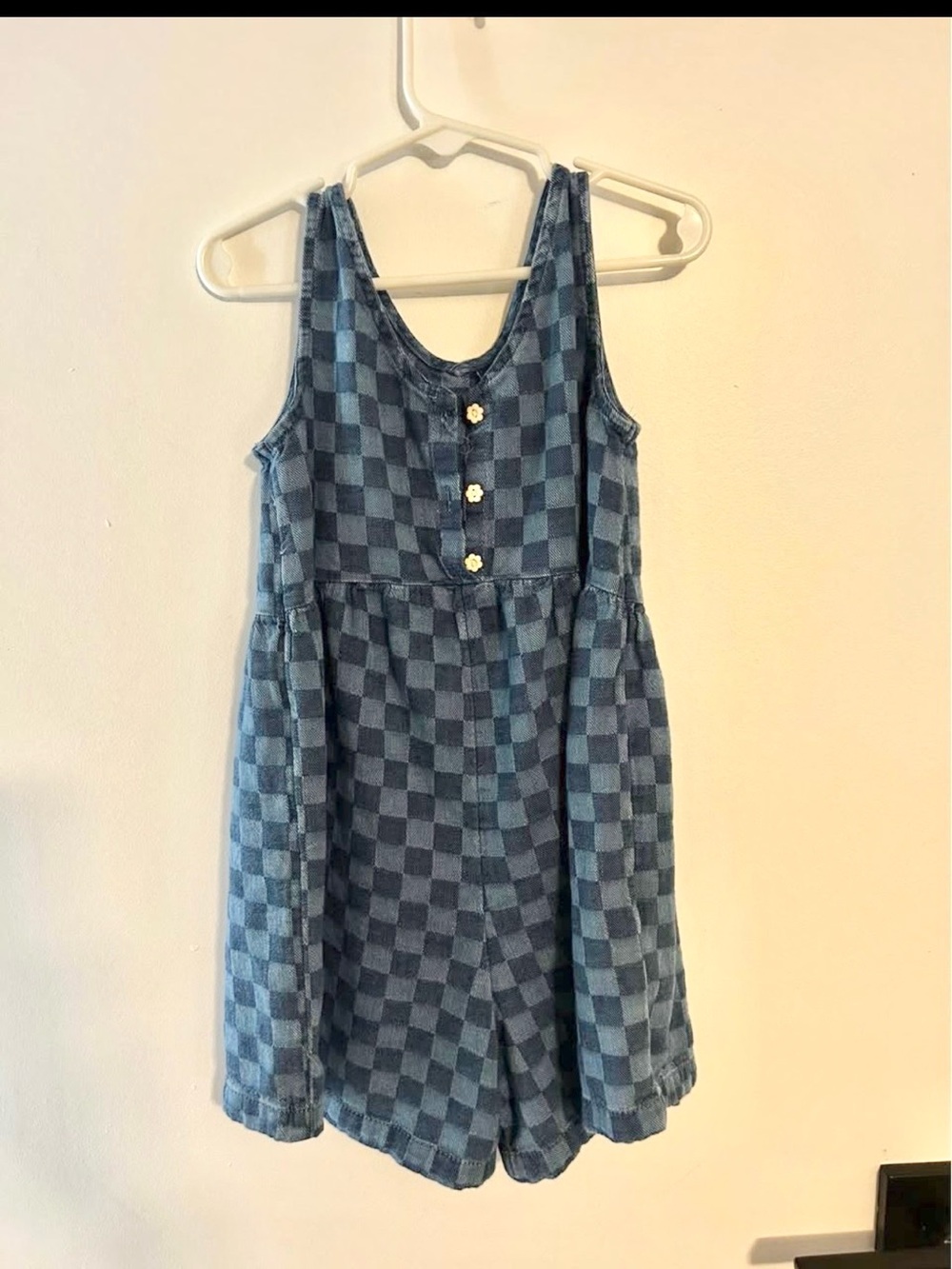 Girls Blue Checkered Romper with Button Front